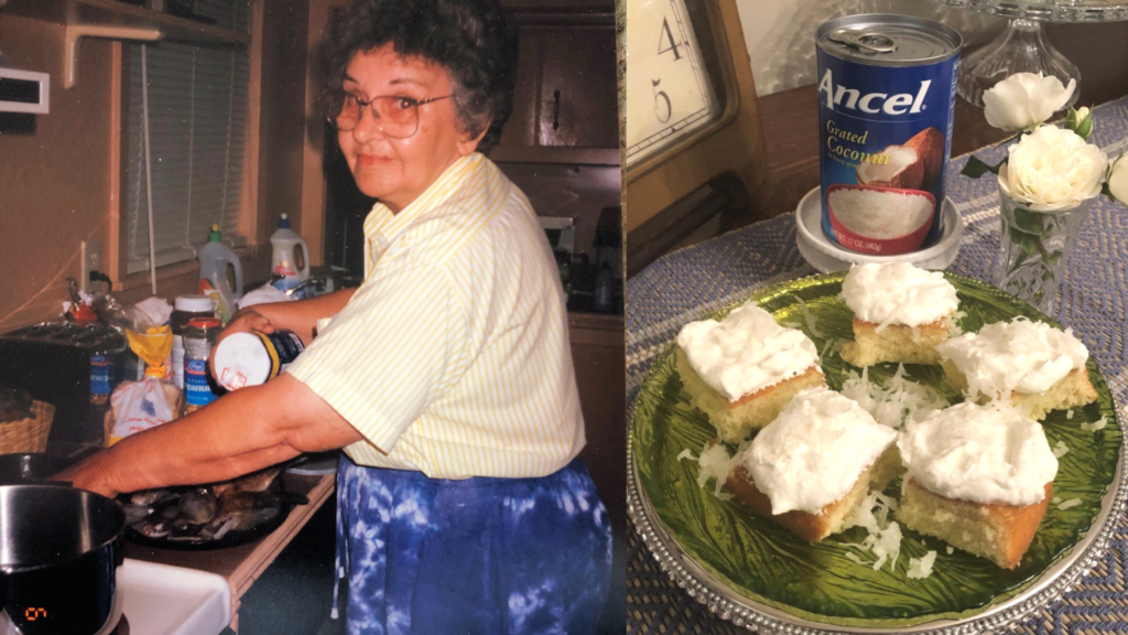 My Momma posed in a kitchen adding ingredients to a pan.  A green plate with 4 Ancel coconut squares with a can of Ancel coconut.